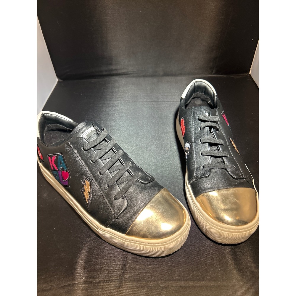 Karl Lagerfeld Paris Cadiz Black Leather Patch Sneakers Gold Cap Toe Womens 8.5M